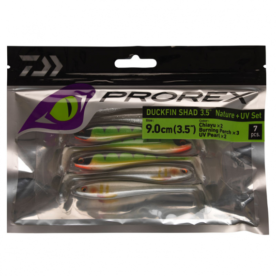 Daiwa PX Duckfin Shad 8,9cm (7stk.) - Nature + UV Set in der Gruppe Köder / Gummiköder / Barsch Gummifische & Zander Gummifische bei Sportfiskeprylar.se (32-216789)