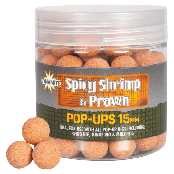 Dynamite Baits Spicy Shrimp & Prawn Pop-Ups 15mm in der Gruppe Köder / Boilies, Baits & Groundbait / Popups & Wafters bei Sportfiskeprylar.se (ADY040976)